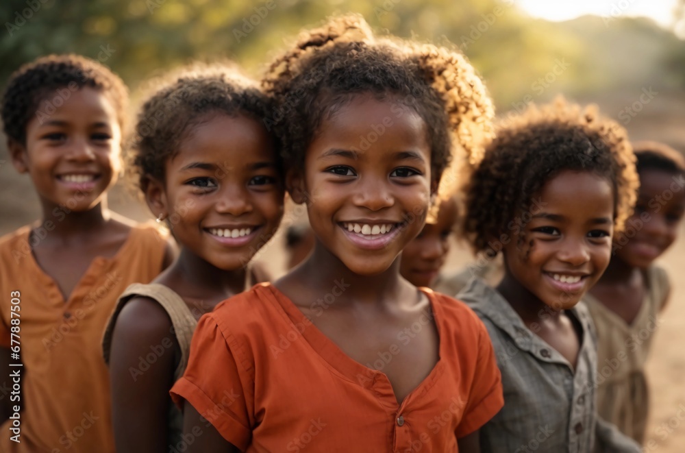 Group portrait of African children joyfully stand together in a sunlit field, radiating love and friendship amid nature's beauty. Group portrait of African children joyfully stand together in a sunlit field, radiating love and friendship amid nature's beauty.