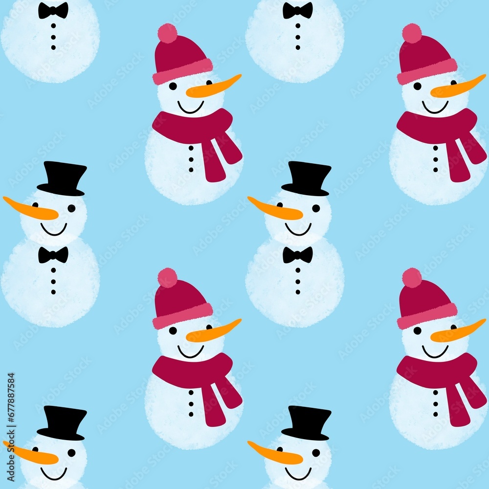 Cartoon winter ice seamless snowman and snowflakes pattern for Christmas packaging and new year