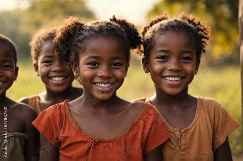 Group portrait of African children joyfully stand together in a sunlit field, radiating love and friendship amid nature's beauty. photo