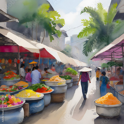 A bustling marketplace in a tropical city, like Hanoi, Vietnam, with vibrant street vendors, the aroma of street food, and the lively hum of a busy city.