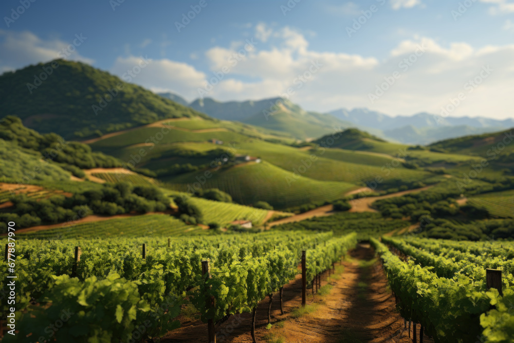 Fototapeta premium A rustic vineyard with rows of grapevines and a scenic backdrop of rolling hills. Concept of winemaking and agriculture. Generative Ai.