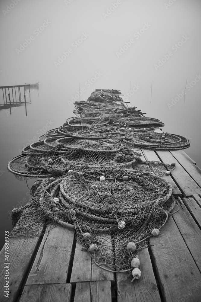 fishing nets on the shore of the lake
