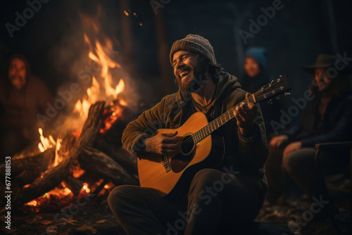 A musician strumming a guitar by a campfire, serenading friends under the stars. Concept of music and camaraderie. Generative Ai.