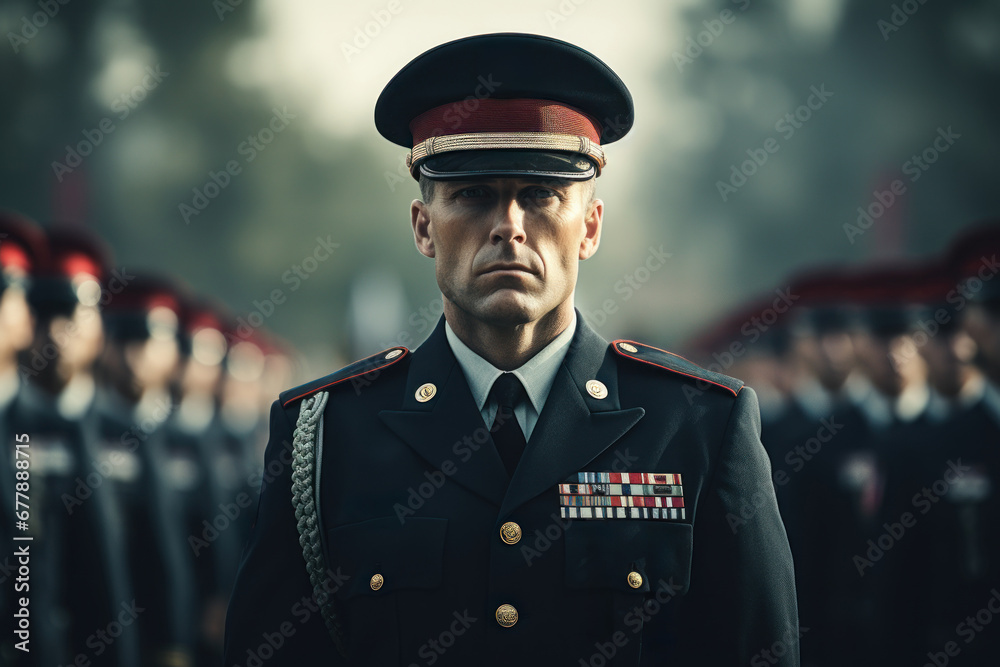 A man in military uniform, standing at attention during a solemn ceremony. Concept of duty and patriotism. Generative Ai.