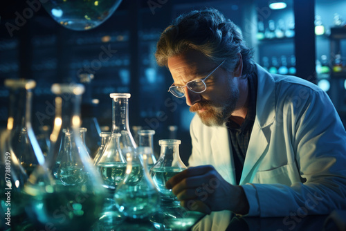 A man in a lab coat, conducting experiments with beakers and test tubes in a scientific laboratory. Concept of research and innovation. Generative Ai.