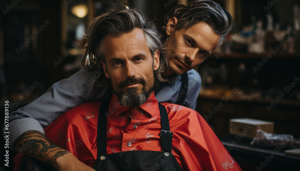 Two young adult males, Caucasian ethnicity, working in a barber shop generated by AI