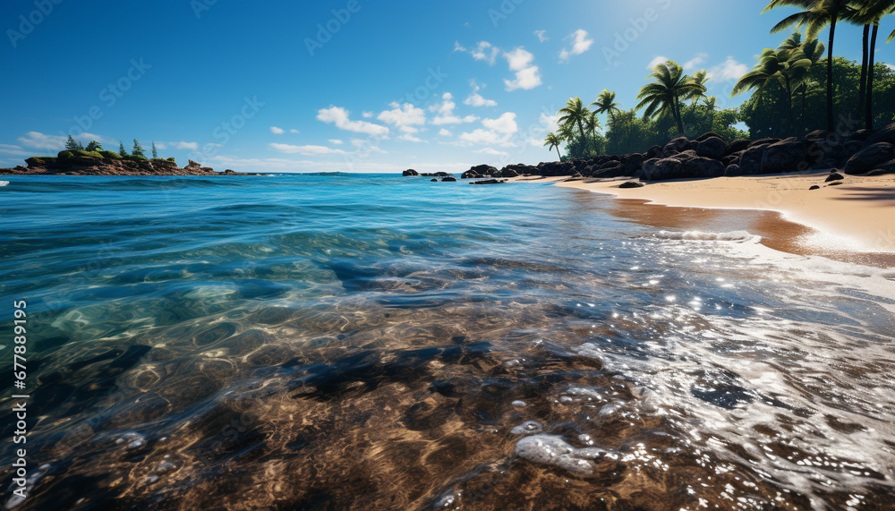 Idyllic tropical coastline, blue waters, palm trees, serene generated by AI