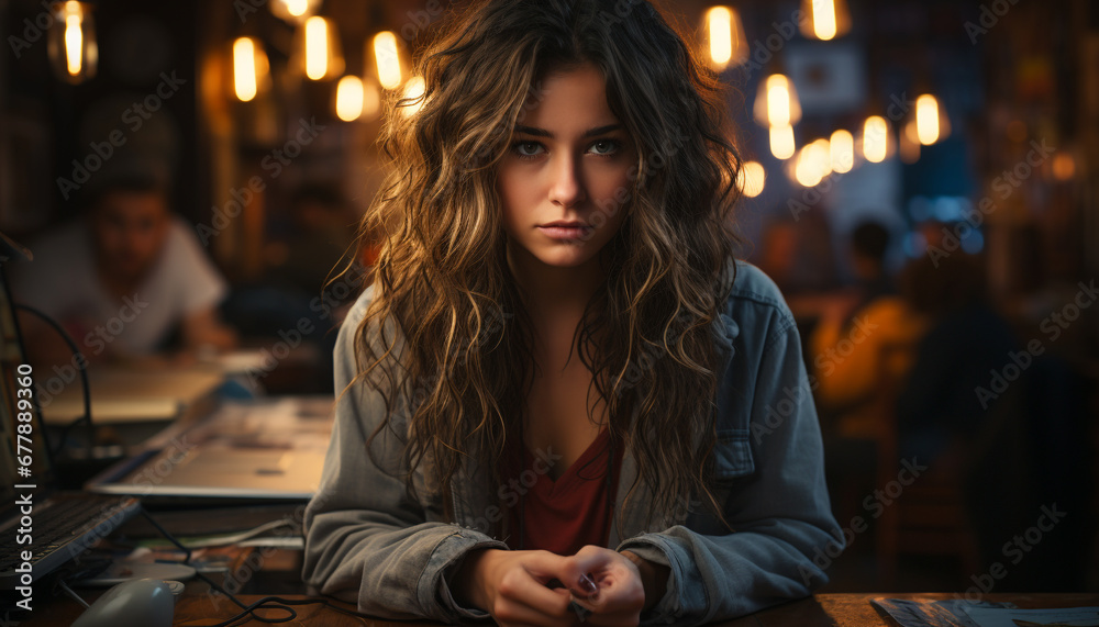 Young woman sitting at table, looking confident and serious generated by AI Young woman sitting at table, looking confident and serious generated by AI