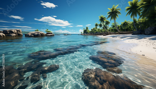 Tranquil scene of turquoise waters, sandy beach generated by AI