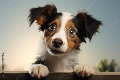 A curious puppy adorably tilting its head in response to a new sound. Concept of adorable inquisitiveness. Generative Ai. © Sebastian