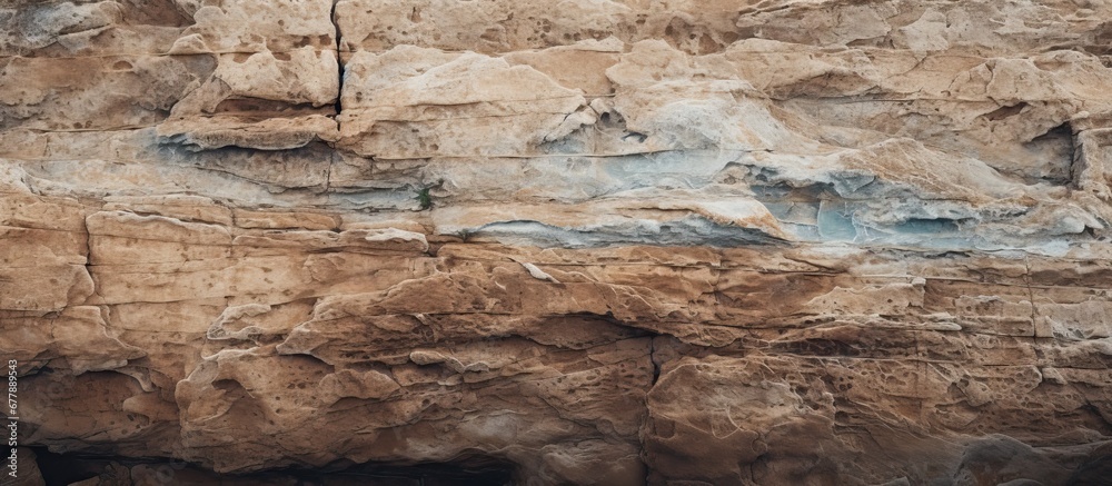 The rough and textured erosion texture on the surface of the stone wall along the coast represents the natural process of erosion caused by the powerful forces of nature and the sea at the 