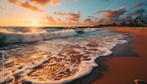 Sunset over the tranquil coastline, waves reflecting beauty generated by AI