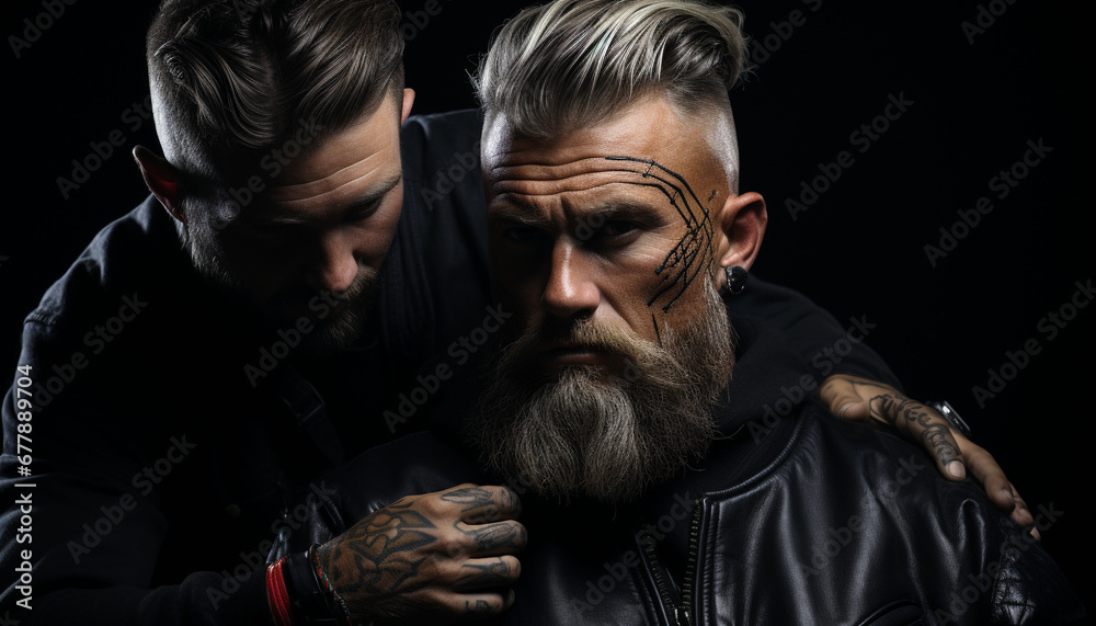 Two men, one with a beard, looking at camera confidently generated by AI Two men, one with a beard, looking at camera confidently generated by AI