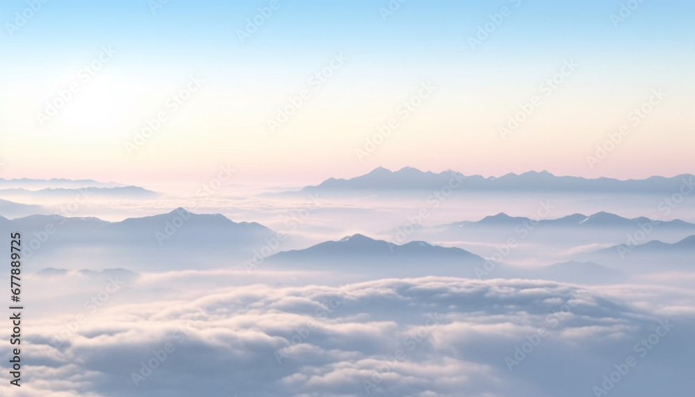 Majestic mountain peak rises high up in tranquil foggy landscape generated by AI