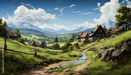 Idyllic farmhouse nestled in a tranquil meadow, surrounded by mountains generated by AI