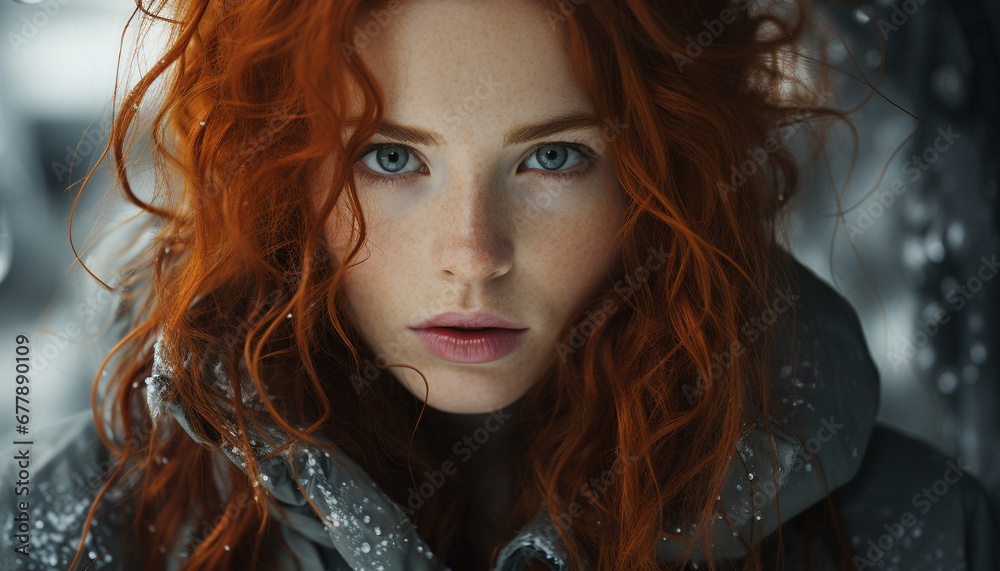 Young adult woman with long wet red hair generated by AI