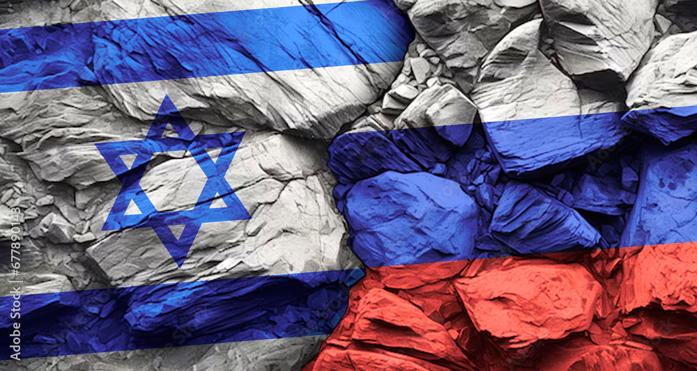 Flags of Israel and Russia on a rock wall with cracks, stone texture, concept of conflict and confrontation