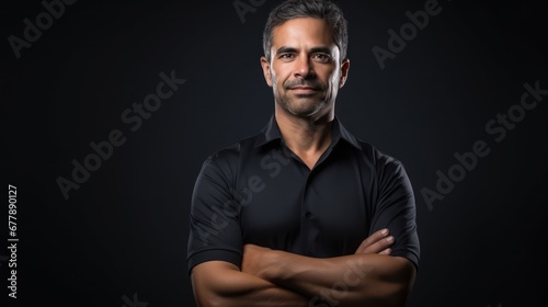 A Expert engineering consultant with arms crossed looking at camera, side view, half body shot, black isolated background, PNG,