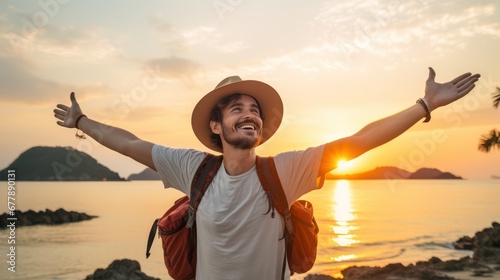 A Happy male traveler in hat and backpack raising arms on beach at sunset Delightful male traveler enjoying quiet time, travel and mental health.