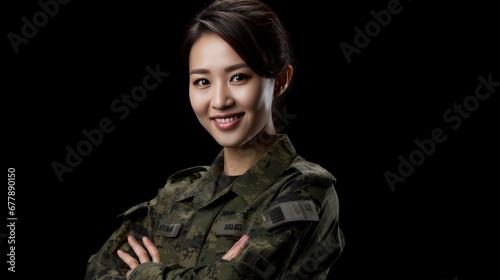 A Beautiful Asian female soldier smiling with arms crossed looking at camera, side view, half body shot, black isolated background,