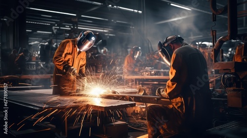 A Heavy industrial engineering factory interior with industrial workers wearing protective clothing using angle grinders and cutting metal pipes.