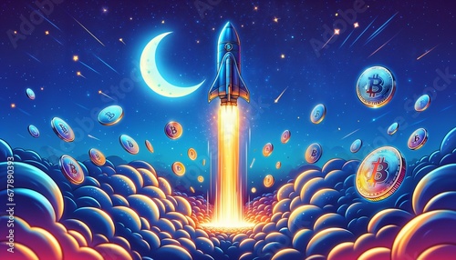Bitcoin to the moon concept with the rocket symbolizing price increase and inflation hedge photo
