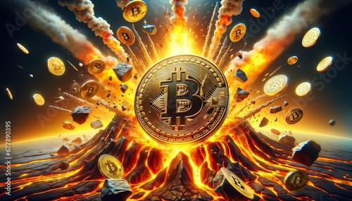Bitcoin price exploding with coins scattered around from volcano