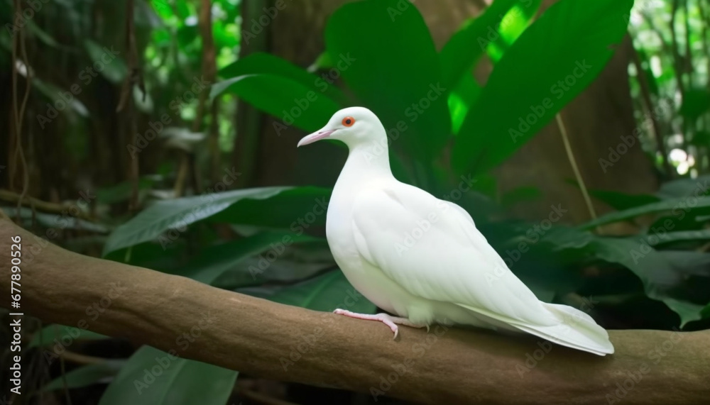 Seagull perching on branch, looking at blue tropical sea generated by AI Seagull perching on branch, looking at blue tropical sea generated by AI