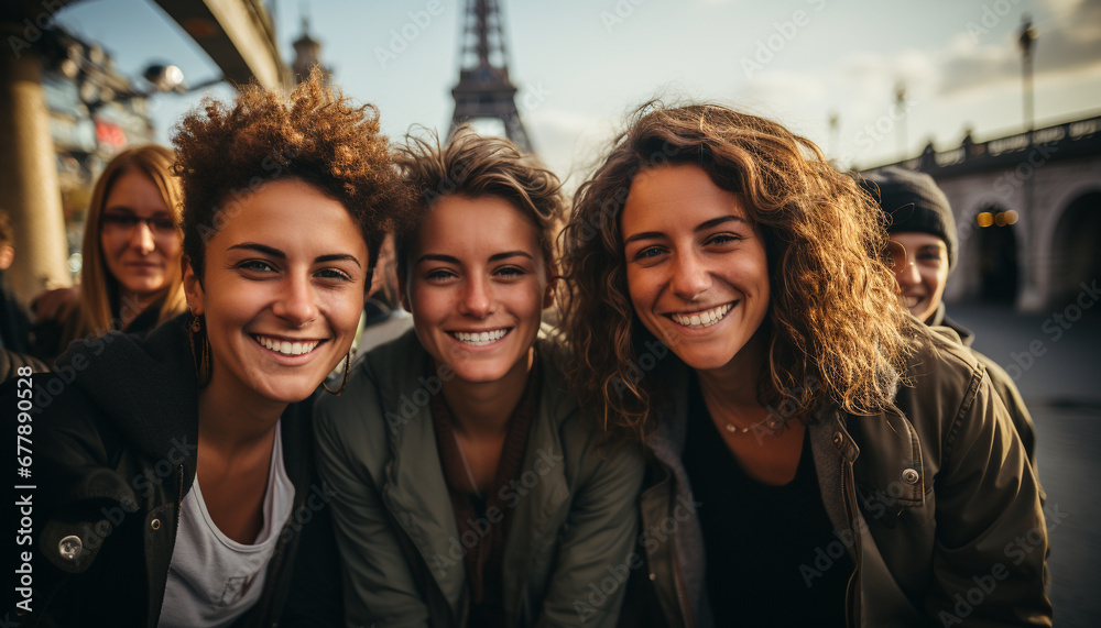 Smiling young women enjoying leisure activity outdoors generated by AI Smiling young women enjoying leisure activity outdoors generated by AI