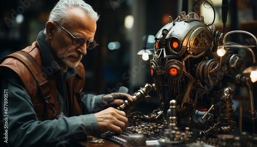 A mature man, expert in craft, skillfully repairing machinery generated by AI