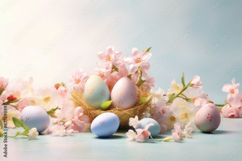 Easter eggs and spring flowers in pink and blue tones. Happy Easter. Easter eggs and spring flowers in pink and blue tones. Happy Easter.