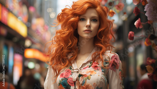 Young woman, redhead, fashion model, looking at camera generated by AI © Jemastock