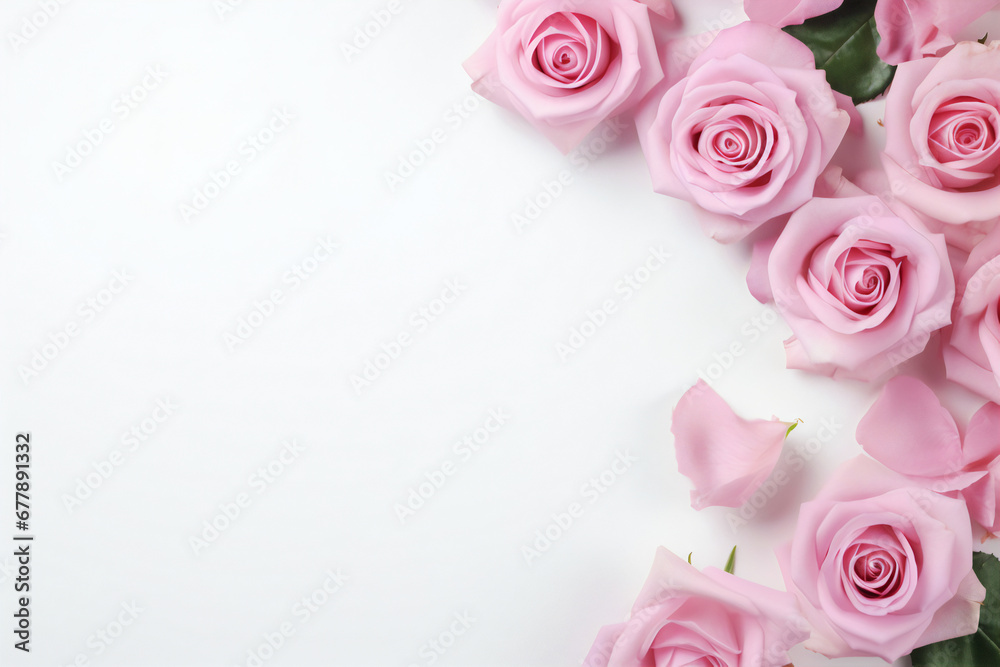 pink roses on a white background. mockup, card or invitation. Flat lay, top view. valentine's day or wedding, generative AI