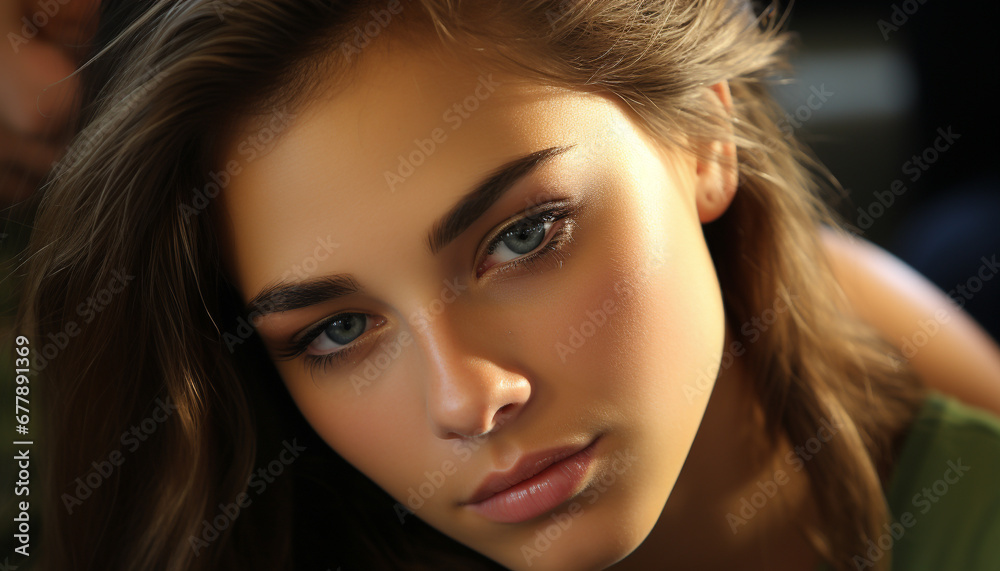 One beautiful woman looking at camera with confidence and elegance generated by AI One beautiful woman looking at camera with confidence and elegance generated by AI