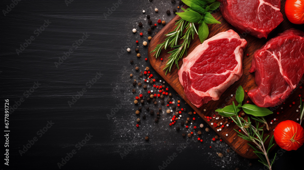 Red meat steaks, fresh raw beef steaks on a wooden table, top view, text copy space, view from above, spices, herbs, seasoning for cooking, grilling on black wooden background. Generative AI