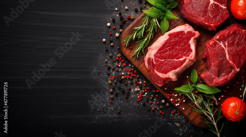 Red meat steaks, fresh raw beef steaks on a wooden table, top view, text copy space, view from above, spices, herbs, seasoning for cooking, grilling on black wooden background. Generative AI
