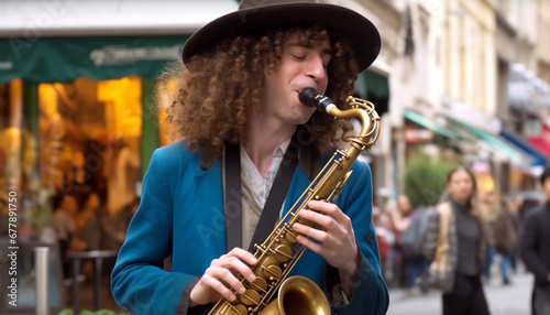 Young adult musician playing saxophone on stage at outdoor concert generated by AI