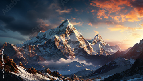 Majestic mountain peak, snow covered, panoramic landscape generated by AI