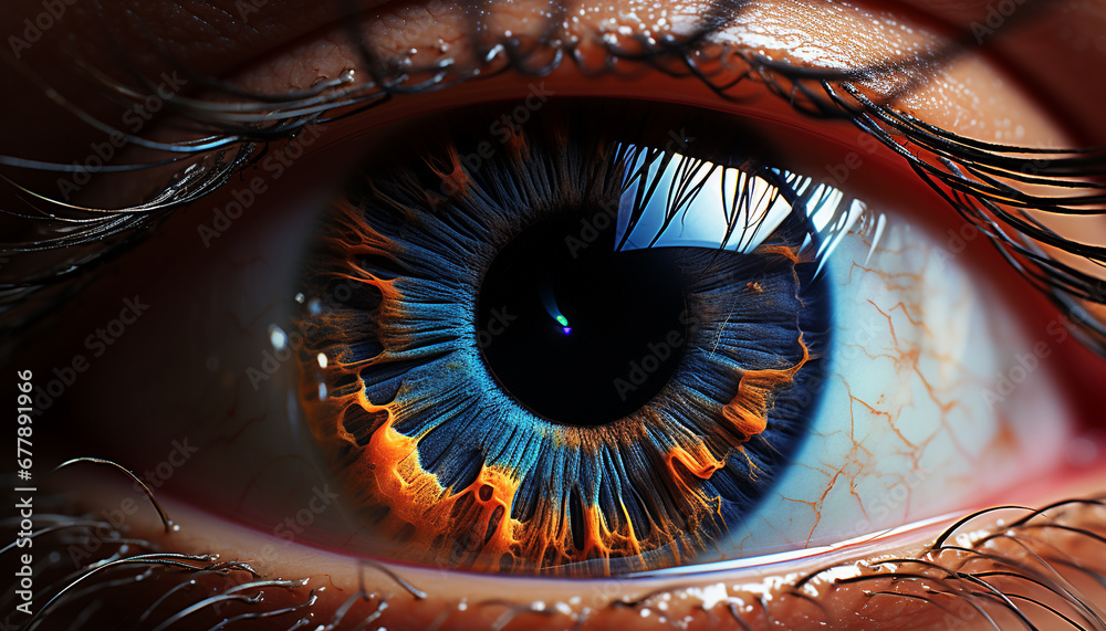 Close up of a human eye, macro view, vibrant blue iris generated by AI