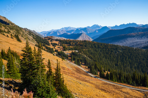 Mountain ranges on a sunny day. View from Slate Peak Lookout, Washington state, USA. Cascade mountains in Pacific Northwest. 
