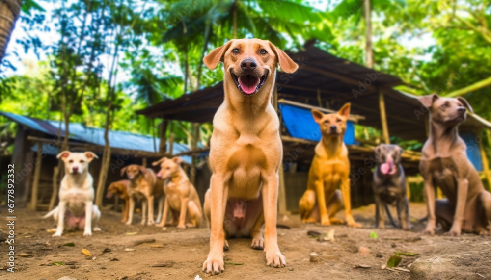 Happy pups play in row, cheerful family enjoys nature food generated by AI