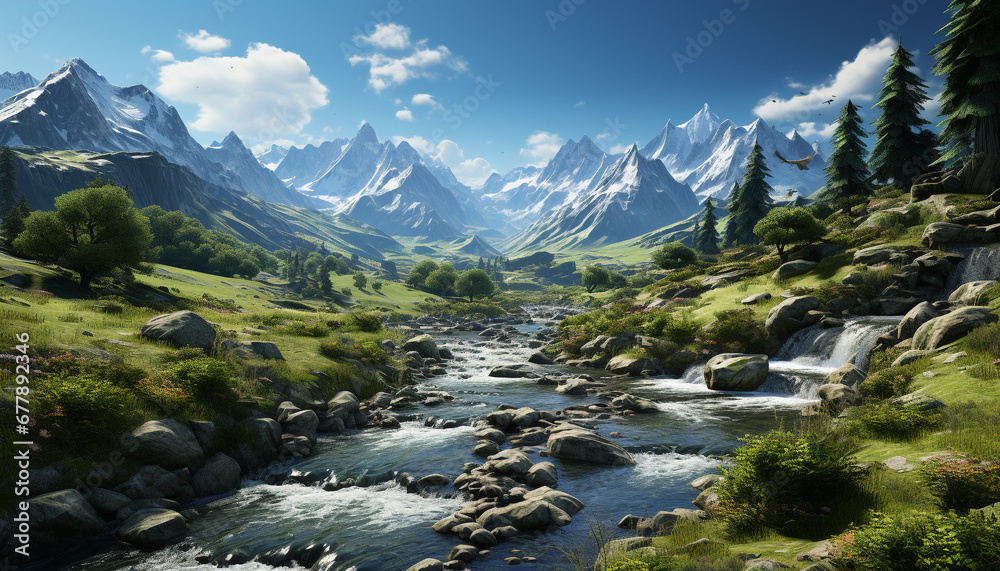 Majestic mountain peak reflects in tranquil flowing water, nature beauty generated by AI