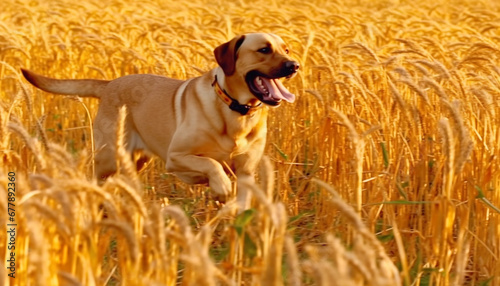 Yellow retriever running in wheat field, tongue out, playful puppy generated by AI