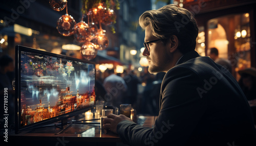 A young man enjoys the nightlife in the illuminated city generated by AI © Stockgiu