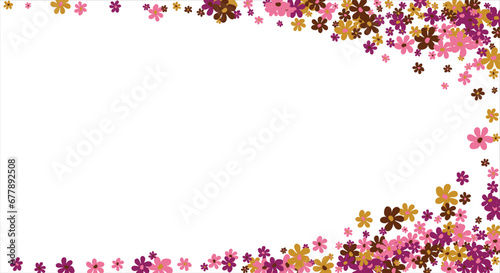 Fashionable frame of flowers. Spring background design, colorful bright flowers, decorative beautiful garden. Place for text. Design for postcard, invitation, web. Vector illustration
