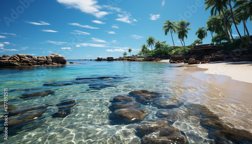 Tropical coastline, turquoise waters, palm trees, tranquil scene generated by AI