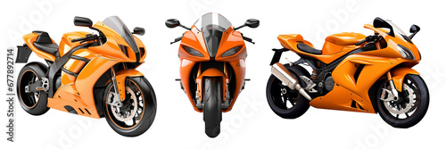 Set of orange sport bike motorcycle isolated on transparent background, side, and top view. Generative AI