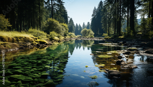 Tranquil scene of green forest reflects in pond generated by AI © Jemastock