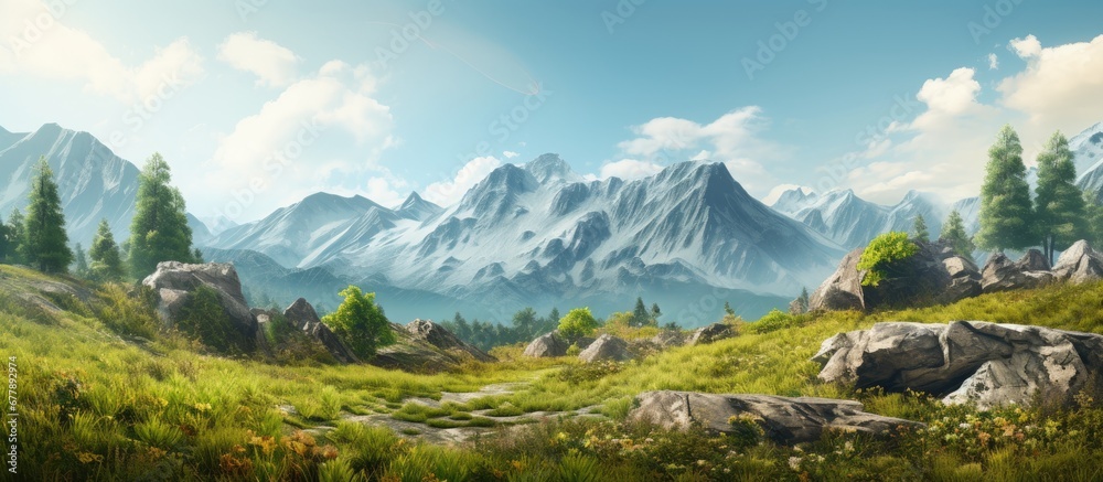 The old and beautiful mountain landscape with an abstract pattern of rocks and plants creates a unique texture blending seamlessly with the natural environment showcasing the growth and bea