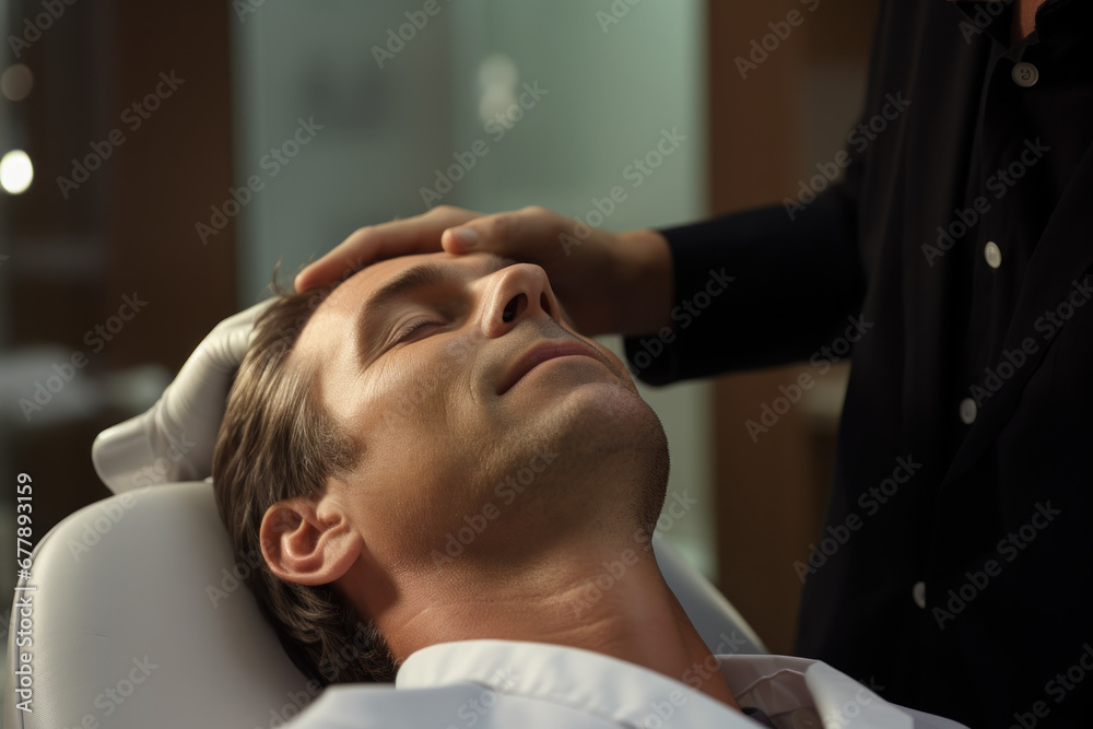 A dermatologist examining a patient's scalp, emphasizing the concept of seeking professional advice. Generative Ai. A dermatologist examining a patient's scalp, emphasizing the concept of seeking professional advice. Generative Ai.